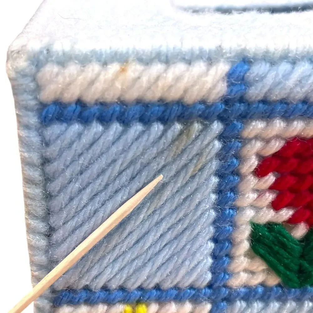Vintage Handmade Yarn Tissue Box Cover Blue Floral Plastic Canvas Needlepoint